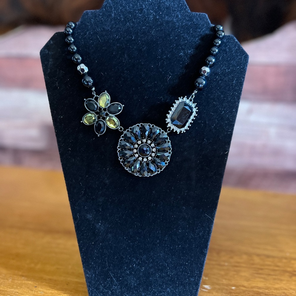 Black & Yellow Beaded Statement Necklace w/Crystal Accents